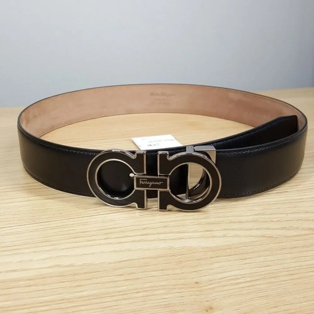 Salvatore Ferragamo Sz 32 Black Double Gancini Adjustable Leather Belt $575
